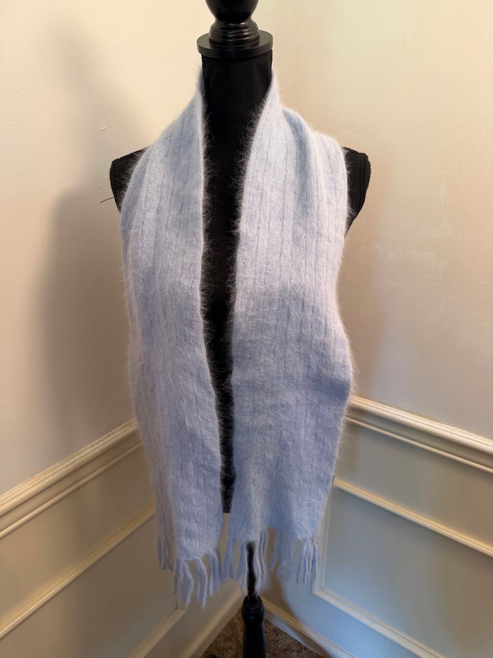Cozy Pastel Soft Ice Blue Angora Wool Blend Fuzzy Winter Muffler Scarf Fringe